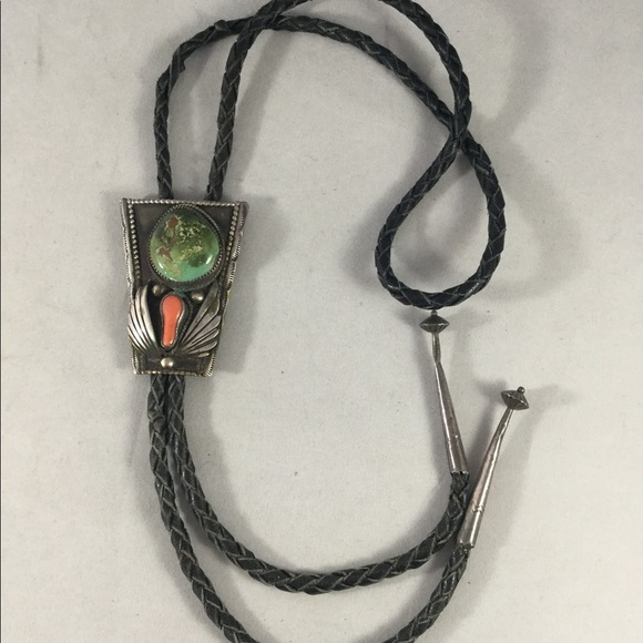 Vintage Turquoise and Coral Bolo c-31 Silver - Picture 7 of 7